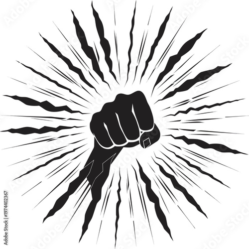 Fist, clenched fist, explosion, dynamic gesture, black and white vector icon