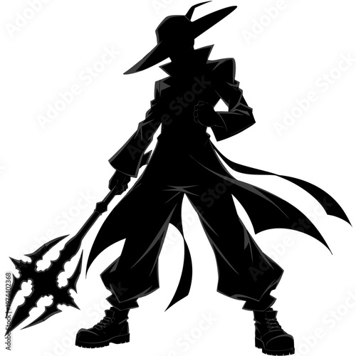 Fantasy warrior, dark silhouette, comic character, evil fighter, black illustration