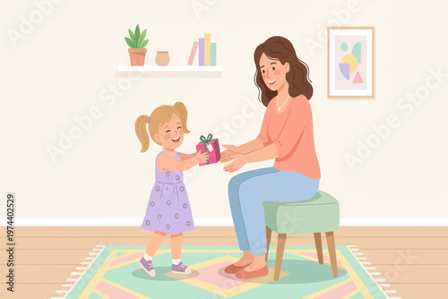 A woman sits on a stool giving a gift to a little girl indoors.