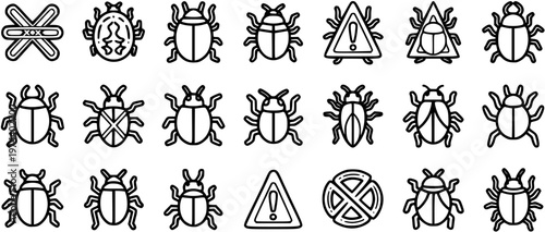 Black and White Line Art Icons of Bugs and Insects, Warning Symbols, and Pest Control Vector Graphics