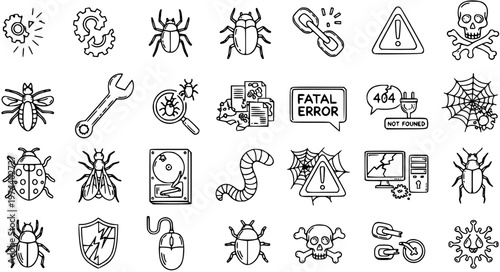 Black and White Line Art Icons for Computer Security and Technology, Bugs, Errors, and Warnings