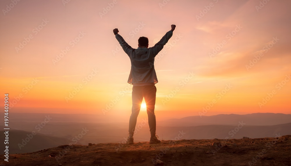Fototapeta premium Man celebrating success on mountain peak at sunset with arms raised.
