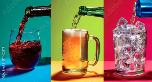 Vibrant Beverage Pouring Collage with Red Wine, Frothy Beer, and Iced Soda