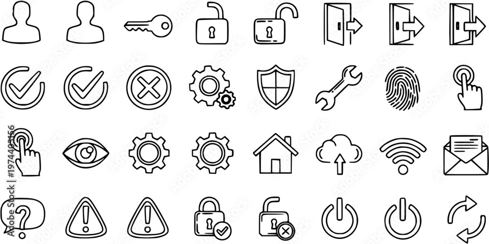 Fototapeta premium Black and White Line Art Icons for Technology and Security - User, Lock, Key, Settings, Network, Safety