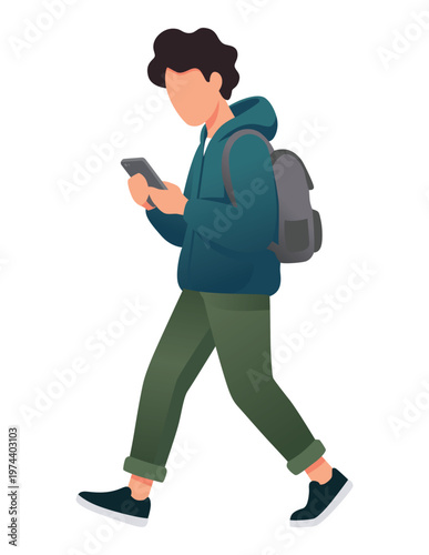 Young person walking while using smartphone, digital distraction concept