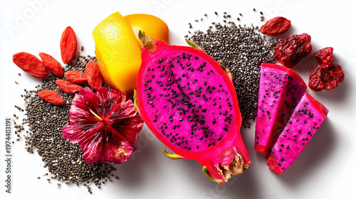 Une composition de superaliments pour le bien-être : baies de goji, graines de chia, fruit du dragon rose tranché, fleur d’hibiscus séchée et mangue