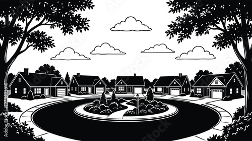 WebSuburban neighborhood cul-de-sac with residential houses, lush trees, and clouds, black and white vector illustration, real estate community living scene.