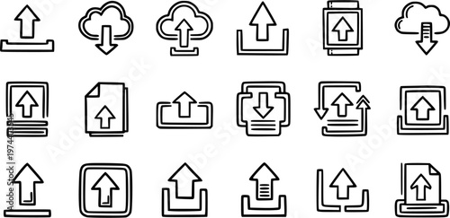 Upload and Download Icons Set, Cloud Storage, File Transfer, Technology, Line Art