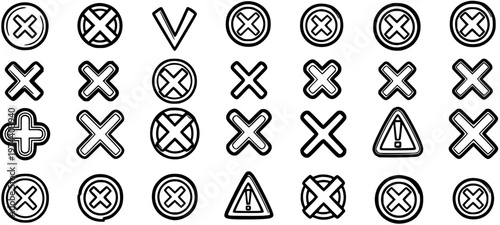 Black and White Line Art Icons: Cross, Circle, Warning Sign, Plus Symbol Set