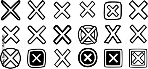 Black and White Line Art Collection of Cross Marks and X Symbols in Various Shapes