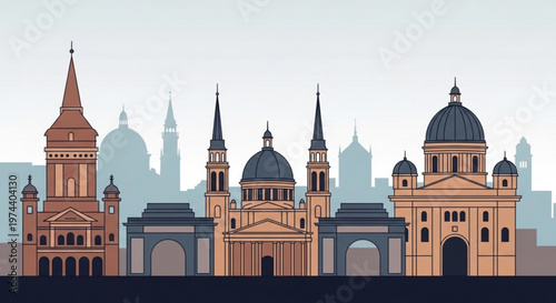 Cityscape with historic buildings and domed structures in a european style skyline at dusk