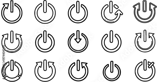 Technology Power Button Icons Set. Black  White Line Art OnOff, Start, Stop, Reboot Symbols for UI, Electronics, and Web Design.