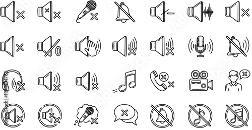 Hand Drawn Technology and Communication Mute Icons Set. Black and White Line Art Symbols for Silent Mode, No Sound, and Privacy Settings.