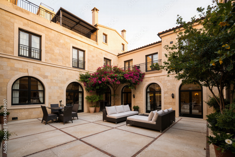 Obraz premium Charming mediterranean villa courtyard at dusk with warm glowing lights and comfortable outdoor seating for relaxing summer vacation and luxury real estate concepts.