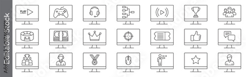Esports and gaming icon set – editable outline symbols of video game, tournament, streaming, leaderboard, trophy and online competition