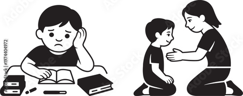 Illustrative icons portray a sad child struggling with homework and a supportive adult offering encouragement and reassurance to a kneeling child.