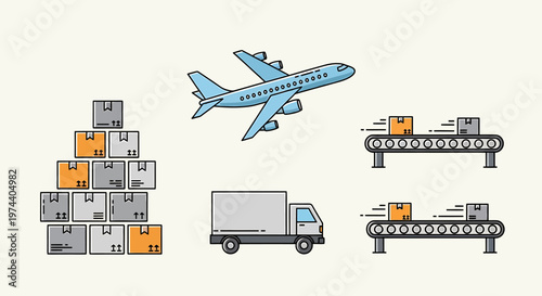 Airplane flying over cargo logistics.