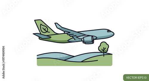 Airplane flying over green landscape.
