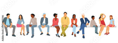 Group of young people, men, women and teenagers sitting on a bench, vector illustration, different colors, cartoon character, people silhouettes, flat icon design concept, isolated on white background