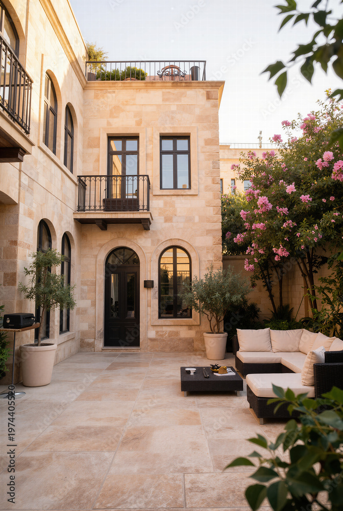 Obraz premium Elegant outdoor courtyard of a mediterranean villa featuring a stone fountain and warm lighting for luxury real estate residential architecture and summer vacation concepts.