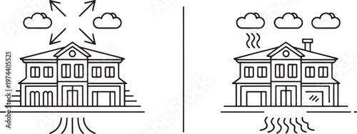 A diagrammatic representation of a house's interior layout, showing different rooms and furnishings within a cross-section.