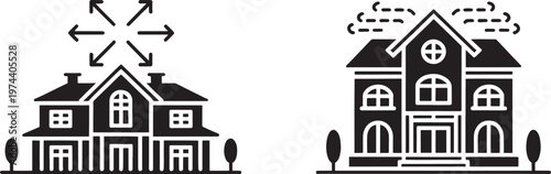 Two distinct house illustrations depicting concepts of expansion and contraction, symbolizing growth or shrinkage in real estate.