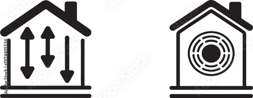 Cross-section illustrations of homes display vertical arrows signifying air movement and a circular vent symbol, representing internal climate control systems.