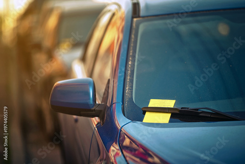 Yellow parking ticket over car windscreen wiper. Payment notice for parking penalty secured under car's windshield wiper. Parking charge notice