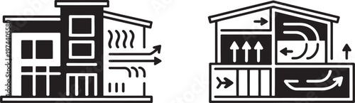 Cross-section illustrations of buildings demonstrating different ventilation strategies, including heat recovery, air intake, and exhaust systems for optimized indoor environments.