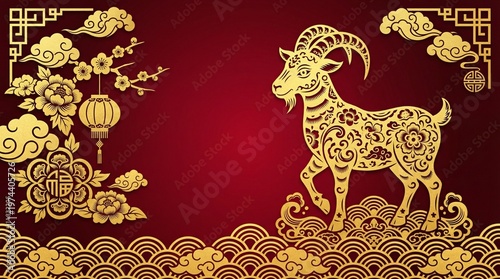 Chinese Lunar New Year of the Goat 2027, 2027 new year with copy space for text, luxury red and gold chinese horse new year background