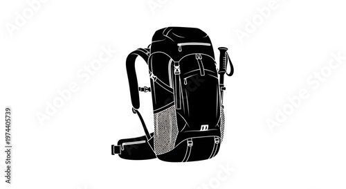Black and Grey Backpack with Trekking Poles for Hiking Adventures.
