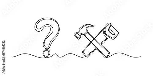 A single continuous line drawing of a question mark beside a crossed hammer and a hand saw tool. Vector, illustration