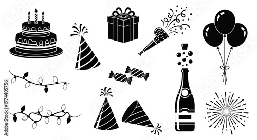 Black and white birthday party icons.