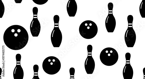 Black and white bowling pins and balls pattern on white background.
