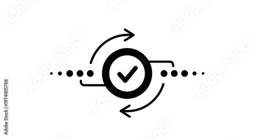 Black and white check mark icon with circular arrows, isolated.