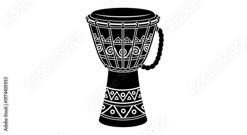 Black and white illustration of an African djembe drum isolated.