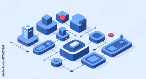 Isometric network of connected blue technology nodes and devices.
