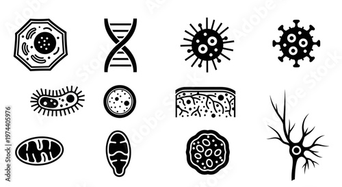 Black and White Science Icons Depicting Cells, DNA, and Viruses.