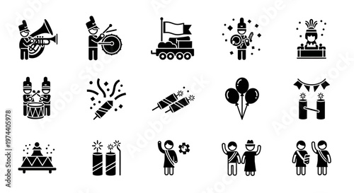 Black and White Parade Icons Representing Celebration and Festivities.