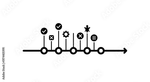 Black and white timeline with check marks and symbols.