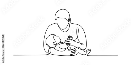 A single continuous line drawing capturing the tender moment of a parent holding a small baby. Vector, illustration
