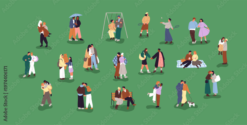 Fototapeta premium Couples of tiny people set. Lovers hold hands, hug and kiss outdoors. Men and women in romantic relationships walk together. Cute diverse girlfriends and boyfriends. Flat isolated vector illustrations