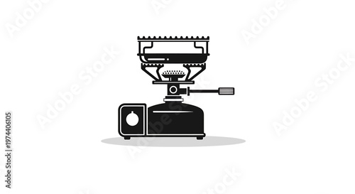 Black camping stove isolated on white background for cooking outdoors.