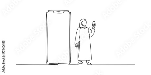 A single continuous line drawing of an arab woman using a smartphone next to a giant phone screen Vector, illustration