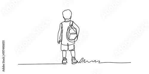 A continuous line drawing of a young schoolboy standing alone while wearing a small backpack Vector, illustration