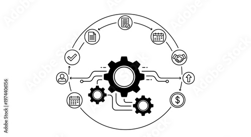 Black gear icons and symbols connected.