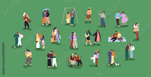 Couples of tiny people set. Lovers hold hands, hug and kiss outdoors. Men and women in romantic relationships walk together. Cute diverse girlfriends and boyfriends. Flat isolated vector illustrations
