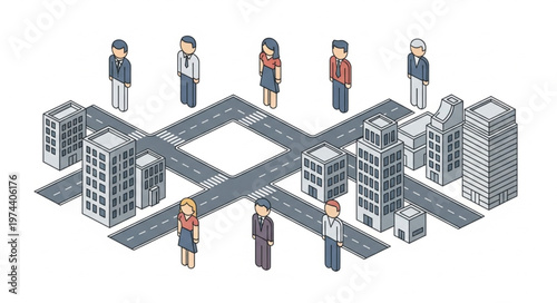 Isometric people standing at urban crossroads illustration.
