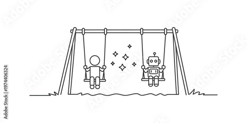 A simple line drawing of a human child and a friendly robot playing together on a park swing set Vector, illustration