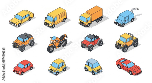 Isometric colorful vehicle icon set with cars.